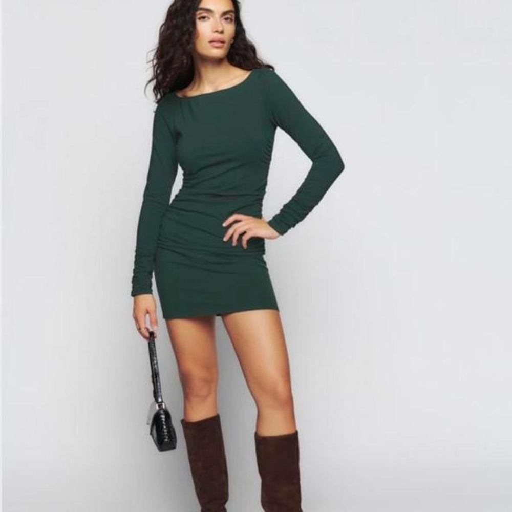 Reformation Lucio Dress Forest Green Long Sleeve Ruched Mini Boat Neck Size‎ S